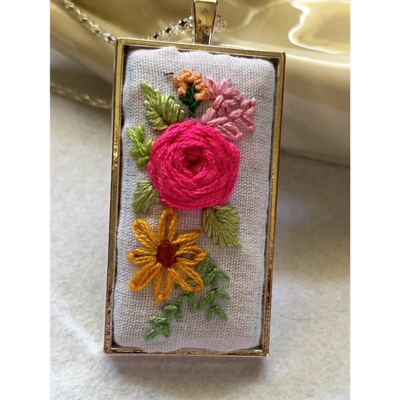 Handmade Embroidery Floral Design Necklace - Rectangle Bezel - Picture 1 of 4